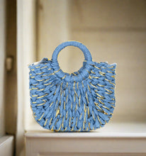 Load image into Gallery viewer, Blue with Gold Accent Straw Bag
