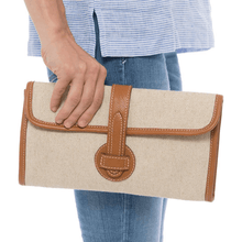 Load image into Gallery viewer, Linen Clutch Bag Brown Leather Buckle
