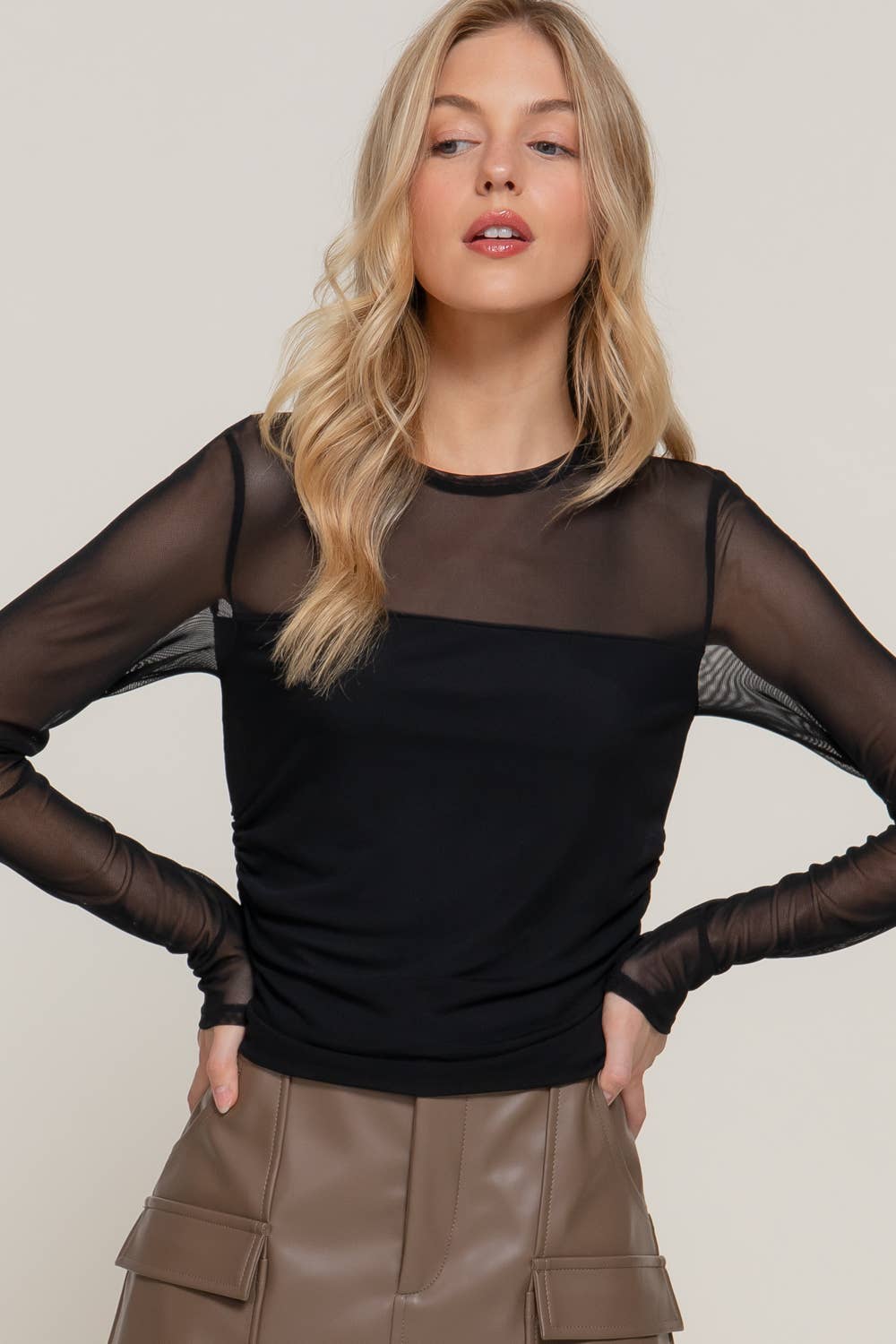 Black Mesh Detail Long Sleeve Crew Neck Top