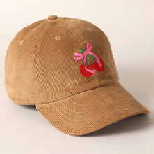 Load image into Gallery viewer, Cherries Ribbon Bow Embroidery Corduroy Cap
