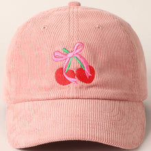 Load image into Gallery viewer, Cherries Ribbon Bow Embroidery Corduroy Cap
