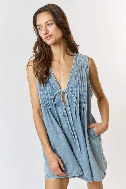 Pleated Denim Sleeveless Romper