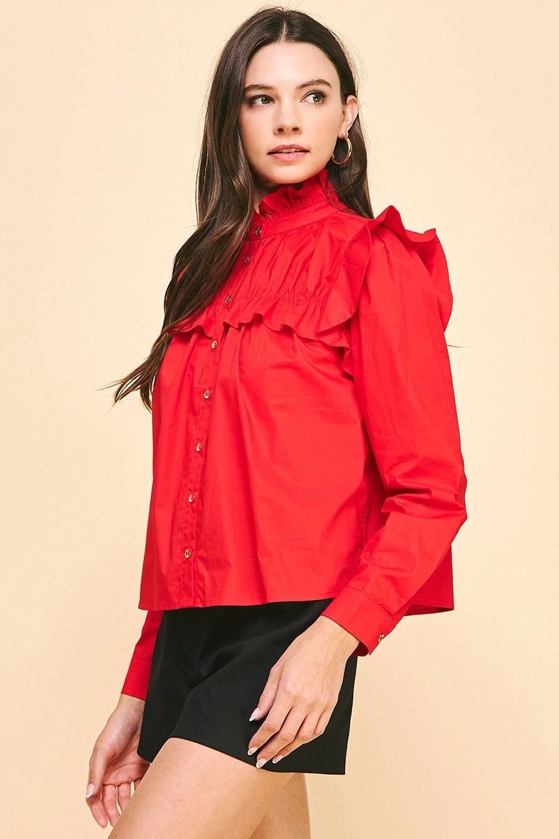 Red Button Down Ruffled Blouse