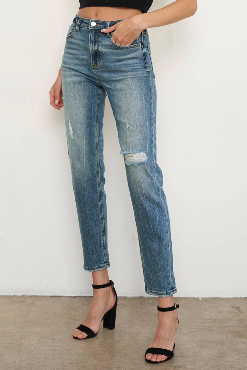 High Rise Ripped Girlfriend Jeans