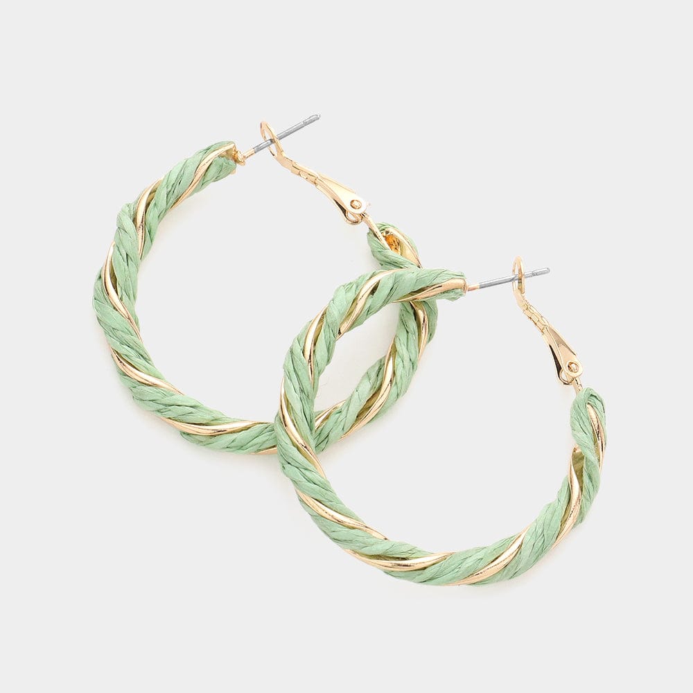 Green and Gold Twisted Raffia Hoop Earrings