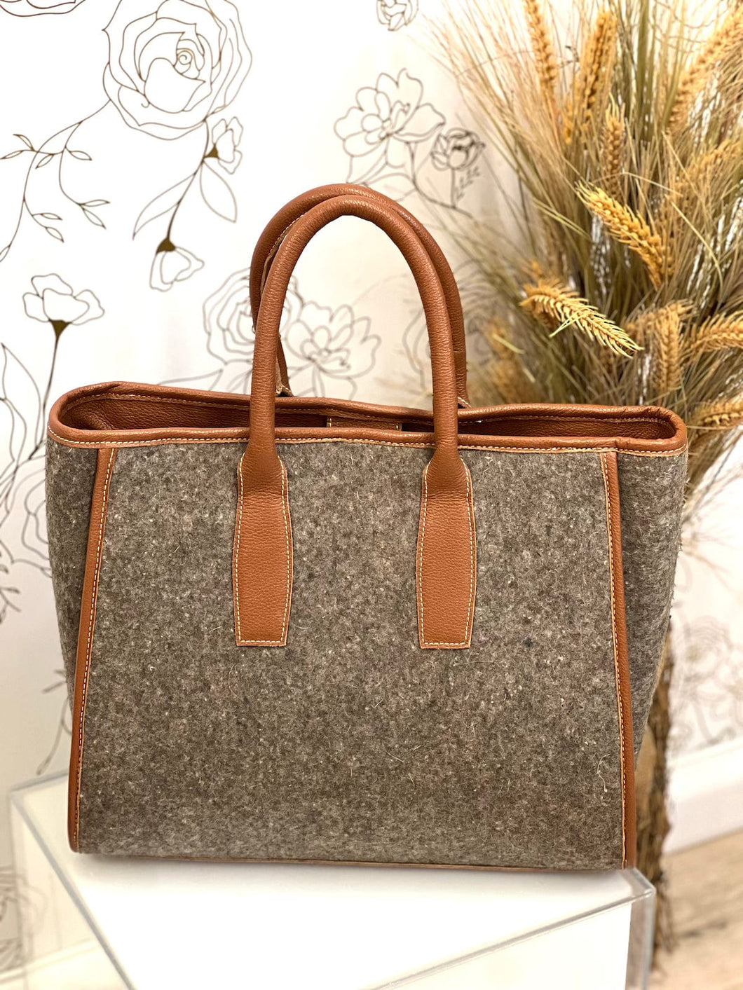 Felt Tote with Lt Brown Genuine Leather Trim