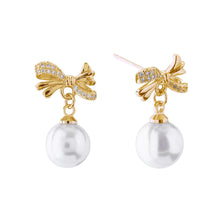 Load image into Gallery viewer, 14K Gold Dipped CZ Stone Paved Bow Pearl Dangle Earrings
