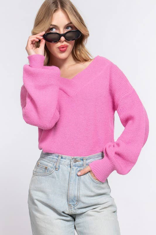 Pink Long Sleeve V-neck Sweater