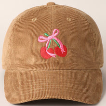 Load image into Gallery viewer, Cherries Ribbon Bow Embroidery Corduroy Cap
