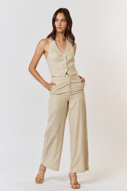 Linen Blend Button Up Halter Vest Jumpsuit