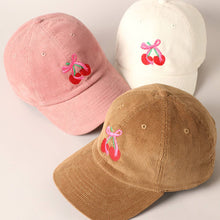 Load image into Gallery viewer, Cherries Ribbon Bow Embroidery Corduroy Cap
