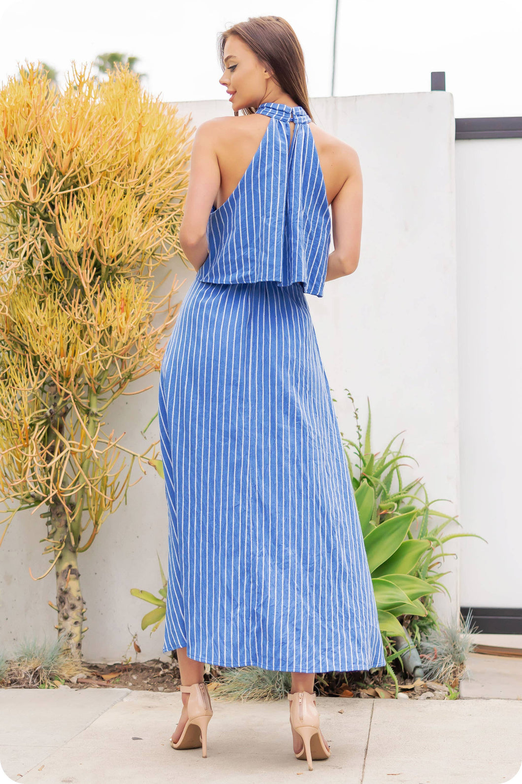 Halter Neck Side Cut-Out Stripe Cotton Dress